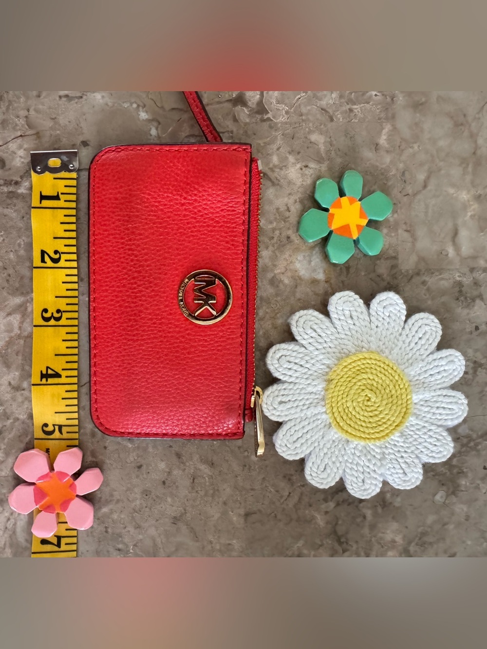 Michael Kors Red Pebbled Leather Key Card Holder with Gold MK Emblem - Picture 7 of 7